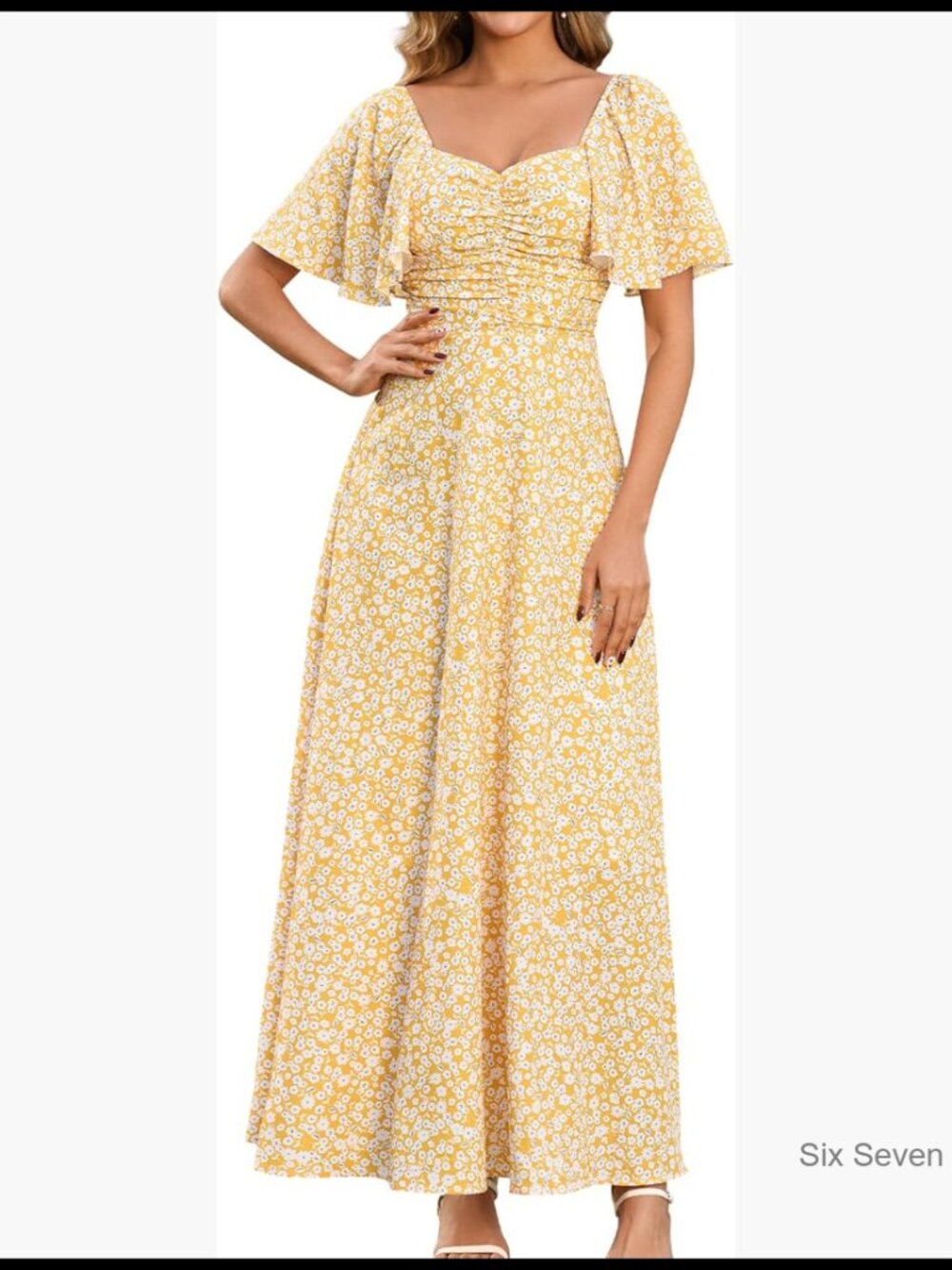 Polyester Maxi Dress with Smocked Back, V-Neck, A-Line Flowy Summer Casual